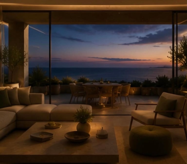 Modern luxury living room with expansive glass doors overlooking a sunset ocean view at dusk
