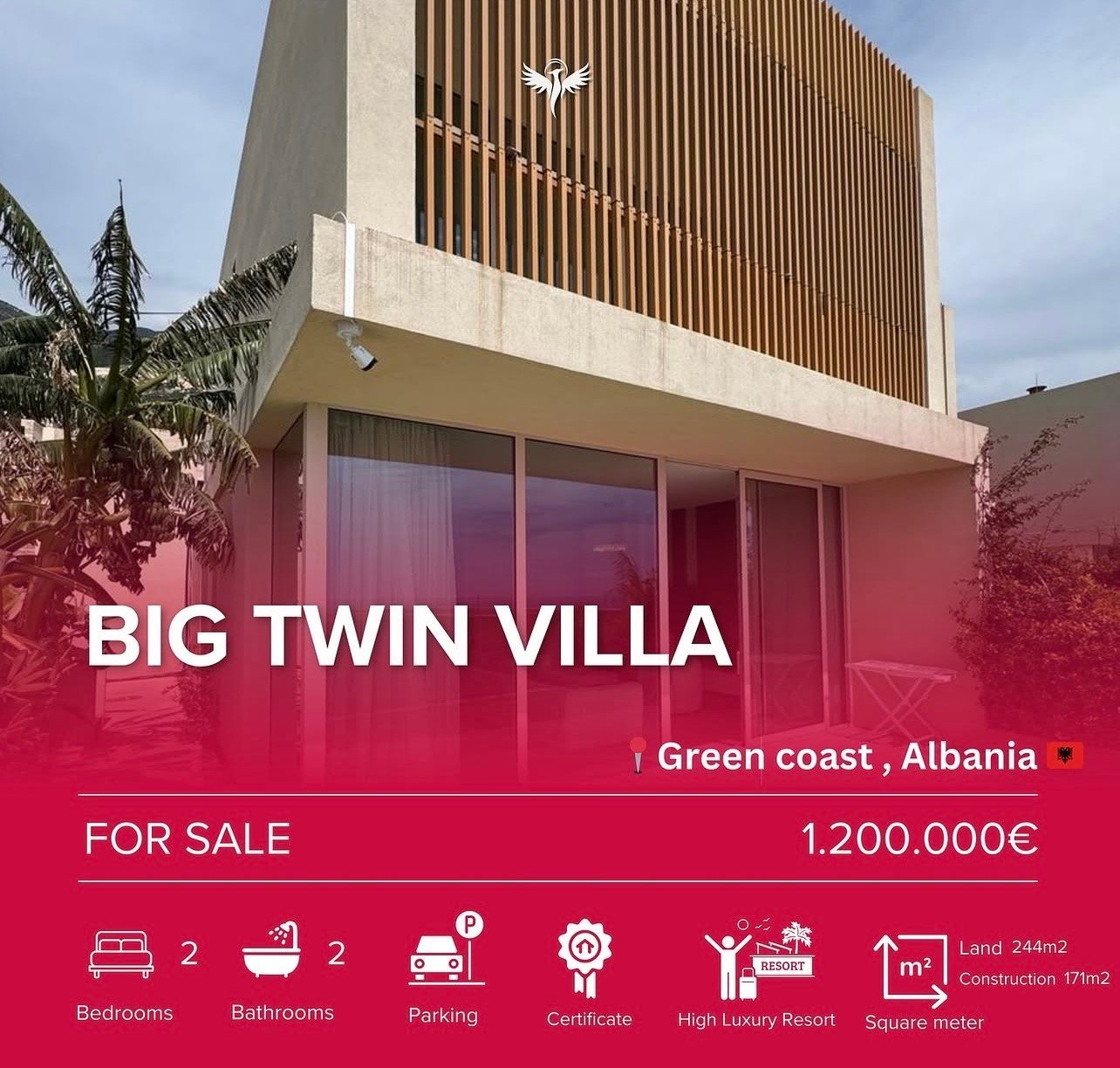 Big Twin Villa for sale in Green coast, Albania for 1,200,000 euros. Modern two-bedroom villa with amenities and 244 sqm land.