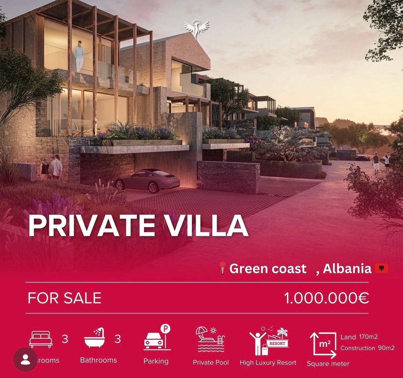 Private villa for sale on Green coast, Albania. Modern architecture with 3 rooms, 3 bathrooms, parking, private pool, luxury resort.