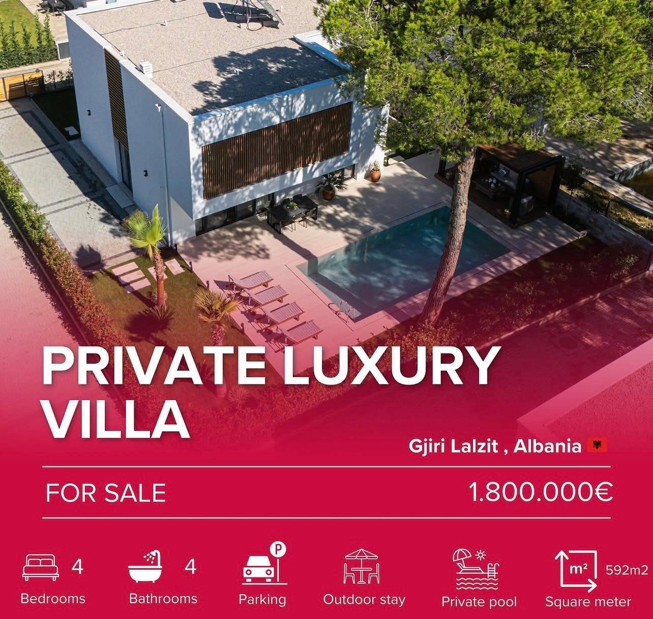 Aerial view of modern white luxury villa with pool and pink courtyard in Gjiri Lalzit, Albania, priced at 1.8 million euros