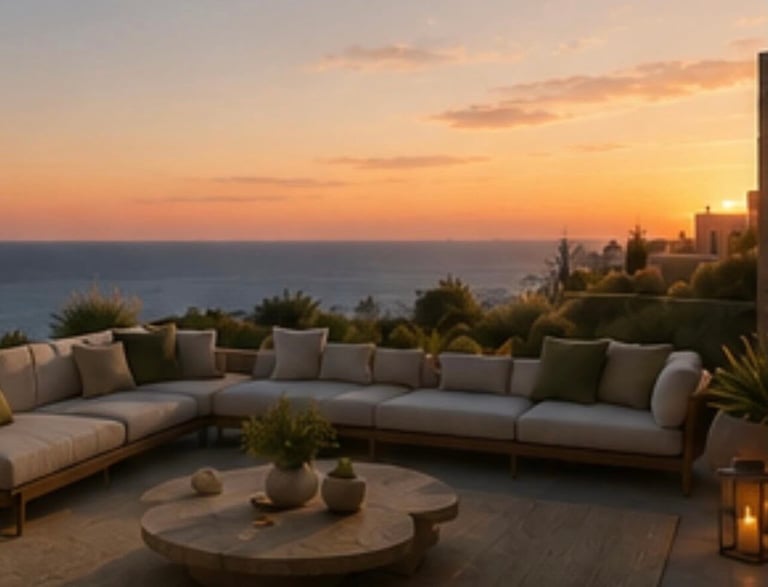 Modern outdoor seating area with curved sectional sofa overlooking ocean at sunset, featuring round coffee table and coastal landscape.