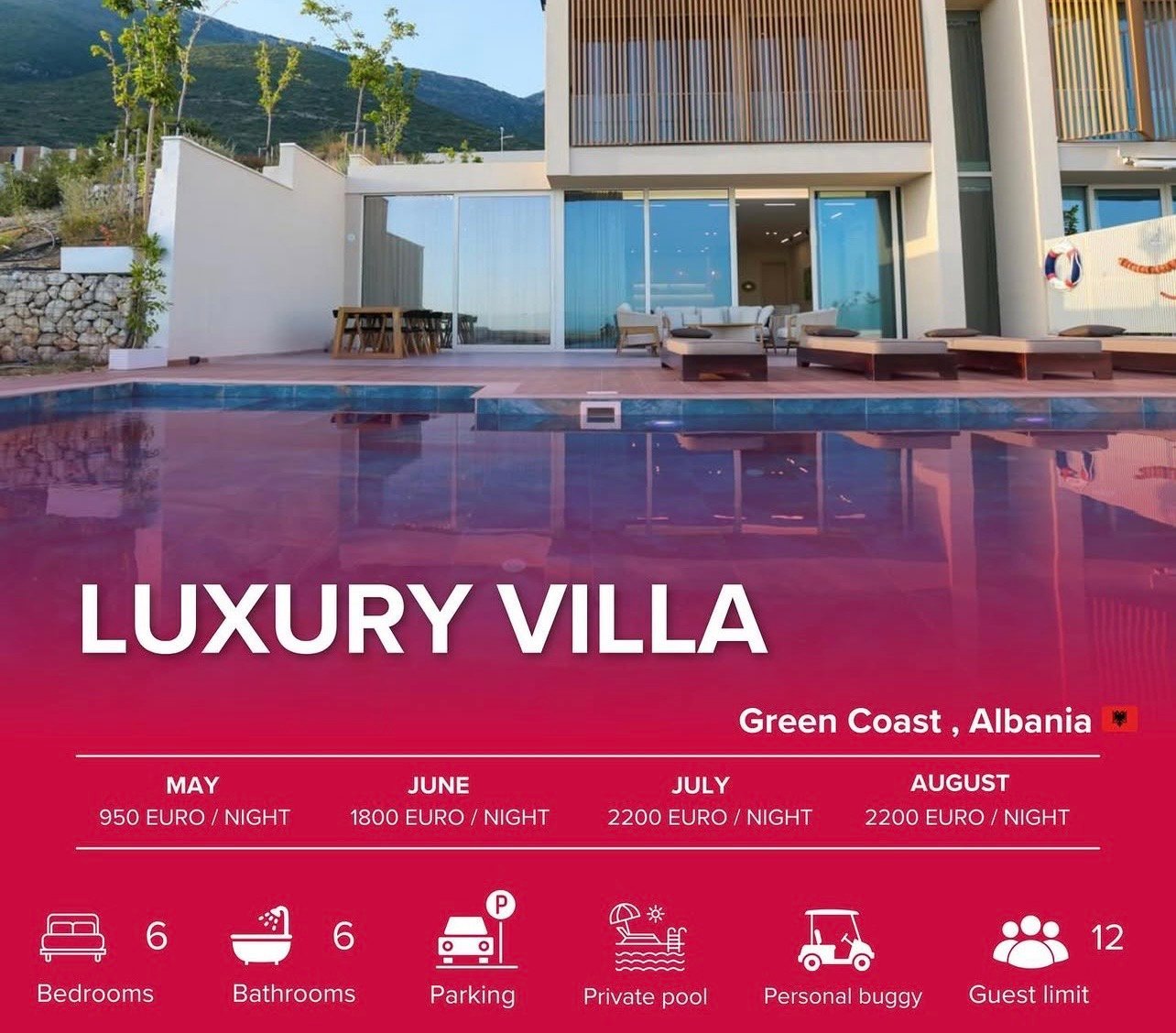 Luxury villa in Green Coast, Albania with red tile pool, featuring 6 bedrooms, 6 bathrooms, and nightly rates from 950 to 2200 euros