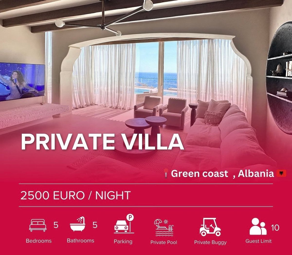 Luxury private villa on Albanias Green Coast with pink modern interior, oceanview, priced at 2500 EUR per night