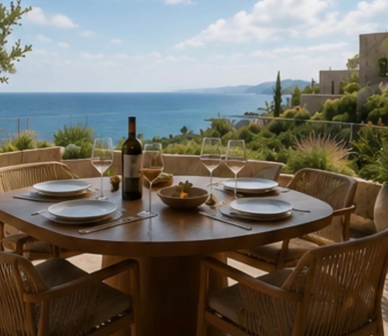 Outdoor dining table set for four with Mediterranean sea view, wooden furniture, place settings, and wine bottle on a terrace.