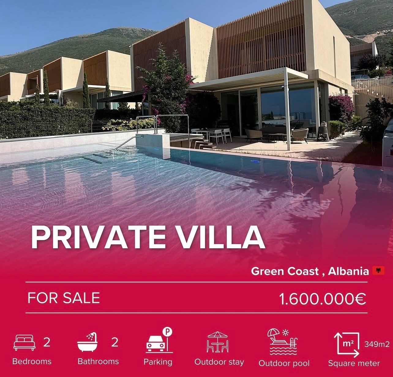 Modern private villa for sale on Green Coast Albania with swimming pool, priced at 1,600,000 euros, featuring 2 bedrooms and 349 square meters