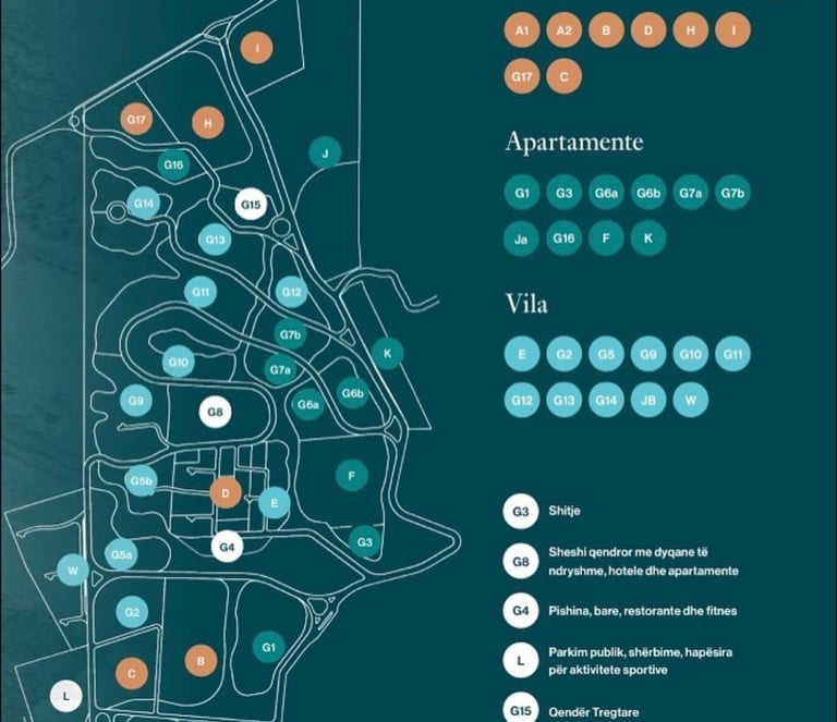 Resort map showing layout of apartments and villas with color-coded legend and amenity locations