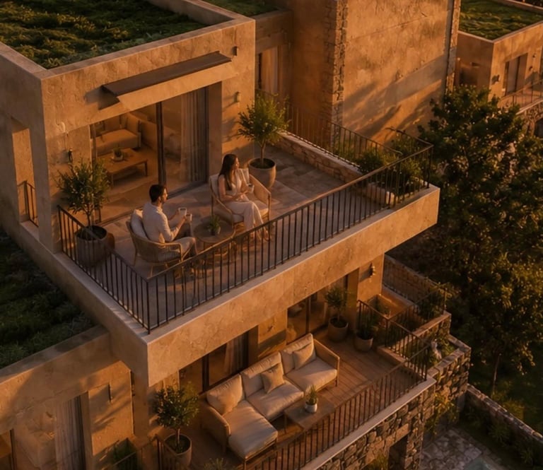 Aerial view of a modern multi-level building with occupants on terraces during golden hour sunlight