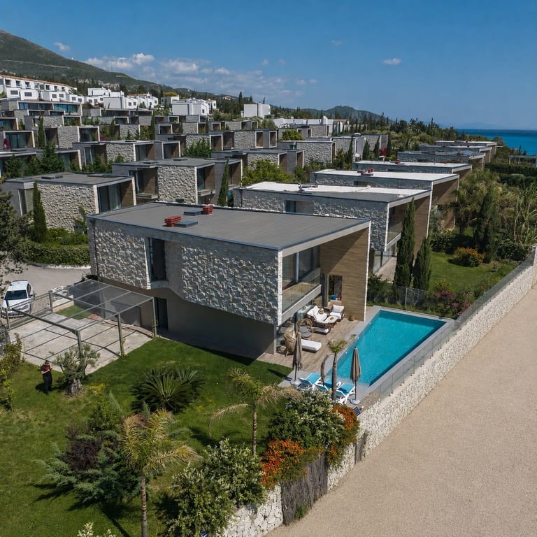 Aerial view of modern luxury villas with pool overlooking the Mediterranean coastline