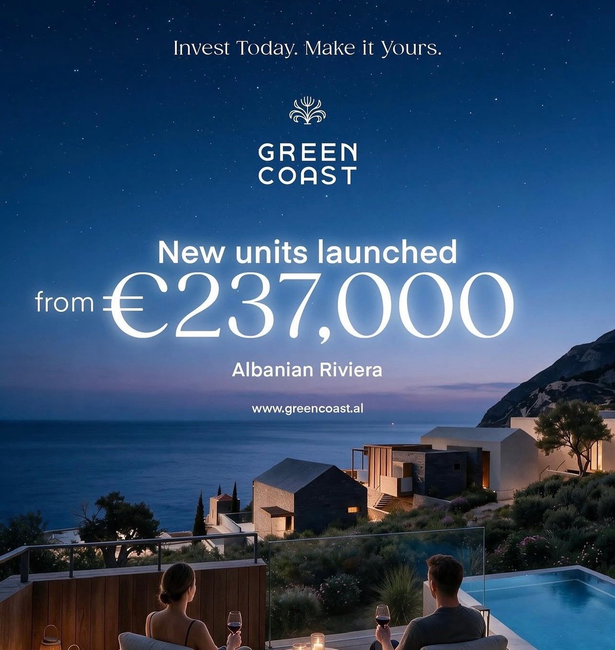 Advertisement for Green Coast luxury real estate in Albanian Riviera, showing modern waterfront villas at dusk with starting price from €237,000