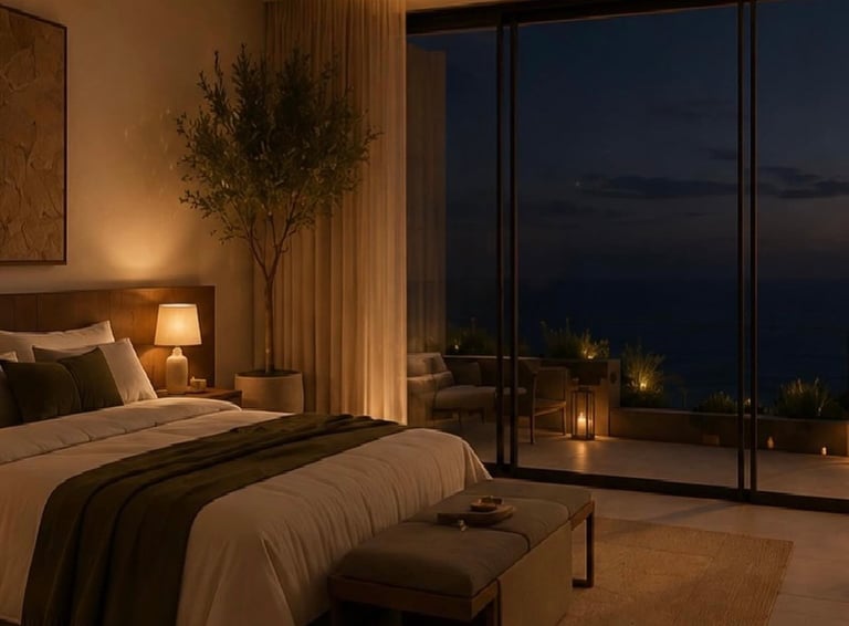 Luxurious modern bedroom at night with bed, nightstand lamp, indoor plant, and floor-to-ceiling windows overlooking illuminated city lights