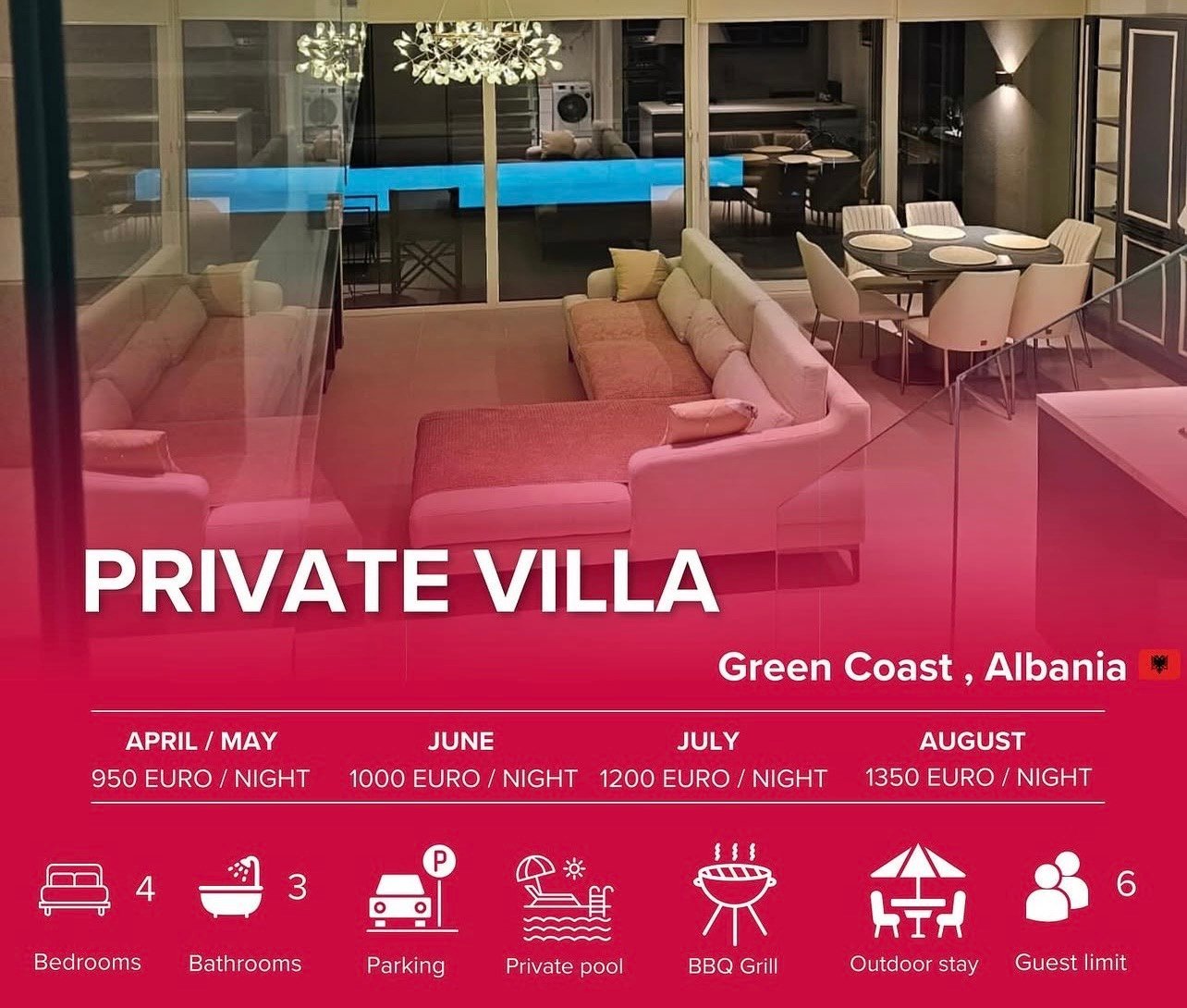 Luxury private villa in Green Coast, Albania with pricing by month, amenities including 4 bedrooms, 3 bathrooms, pool, grill, and outdoor seating