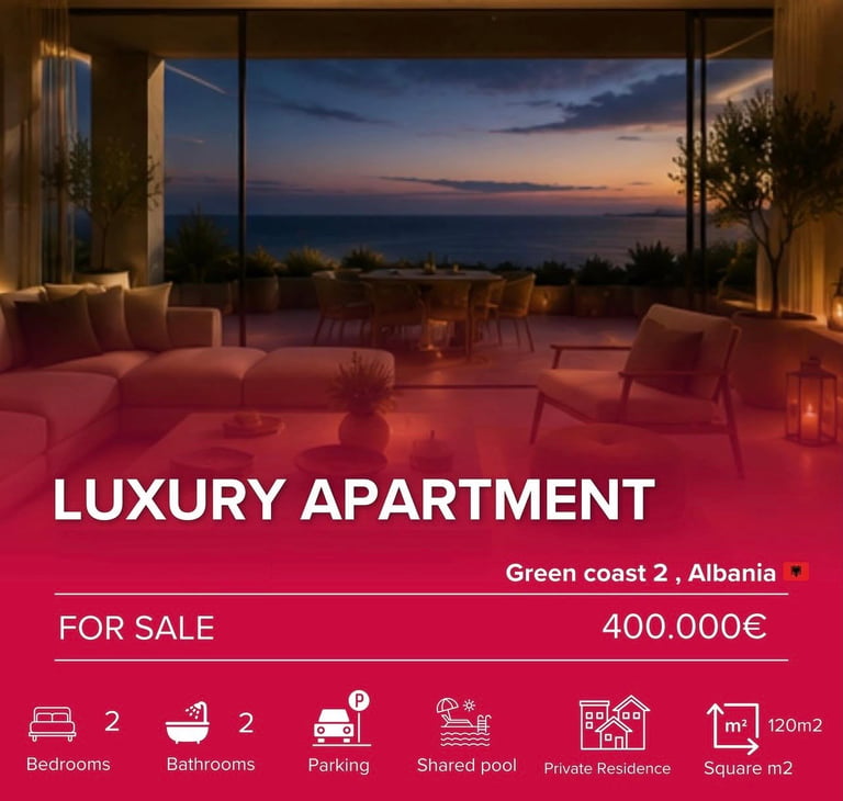Luxury apartment for sale in Green Coast 2, Albania. Modern seaside penthouse with sunset ocean view, 400,000 euros, 2 bedrooms, 2 bathrooms, 120m2.