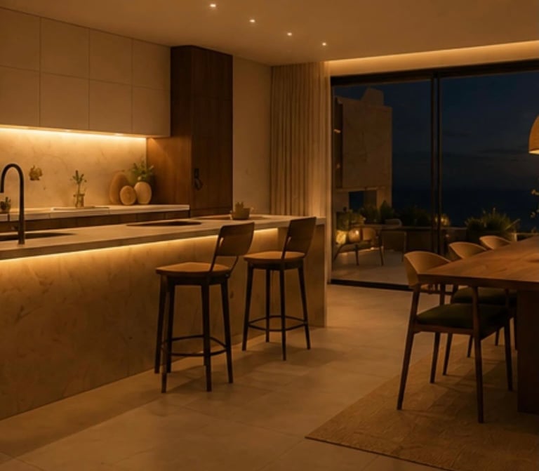 Modern luxury kitchen and dining area at night with warm ambient lighting, bar seating, and floor-to-ceiling windows overlooking the city