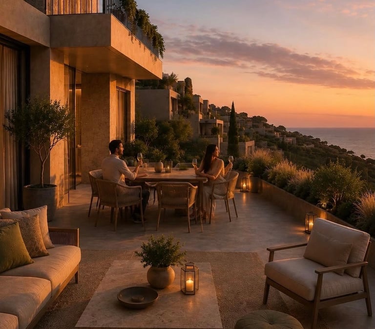 Two people dining on a modern terrace overlooking the ocean at sunset, with lounge seating and lanterns in the foreground.