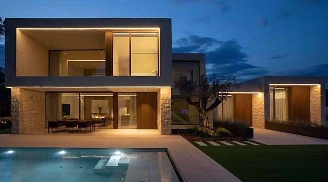 Modern minimalist house at dusk with illuminated interior, glass windows, swimming pool, and manicured lawn