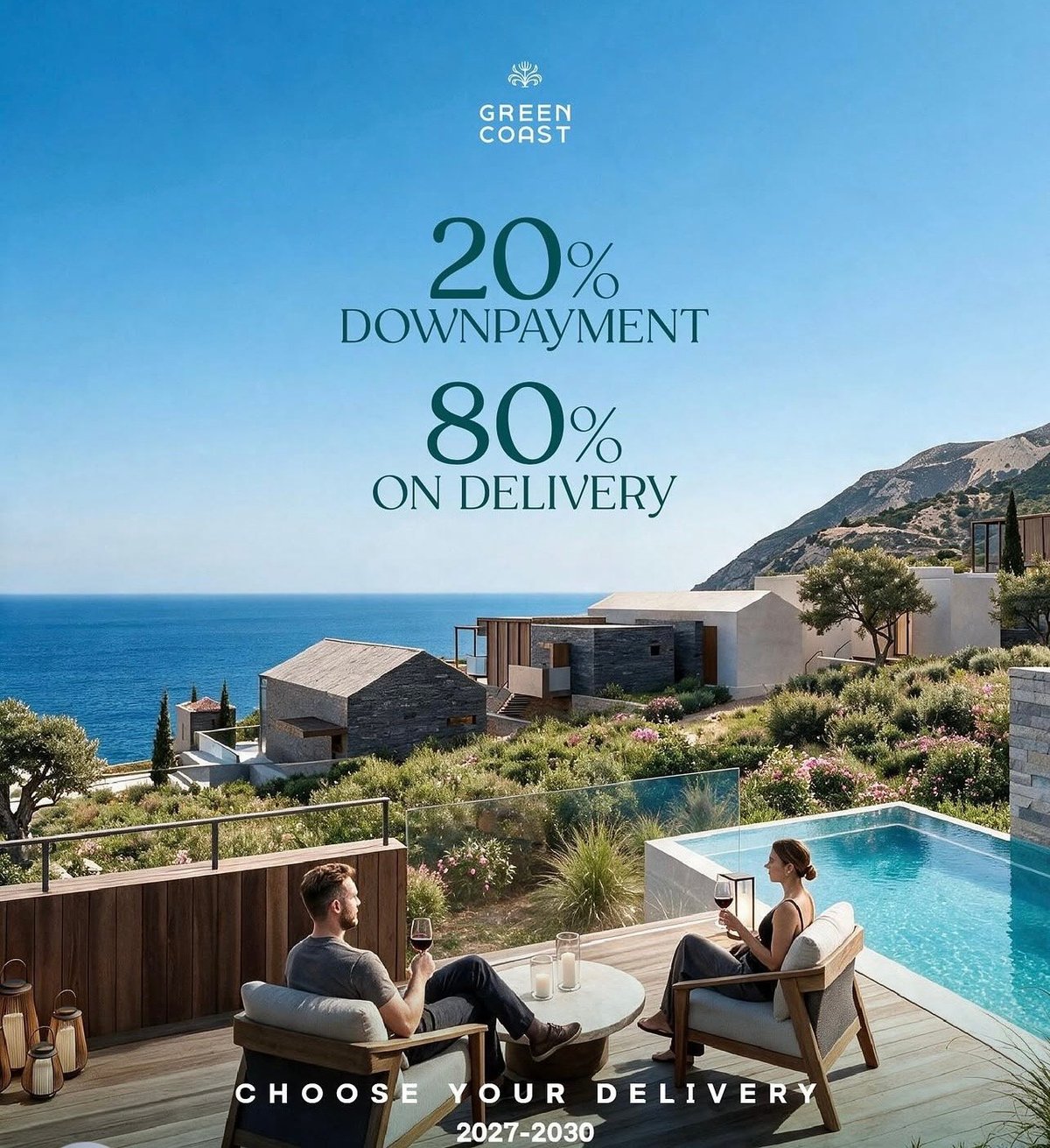 Luxury waterfront property advertisement showing cliffside villa with pool, ocean view, and financing offer of 20% down payment and 80% on delivery