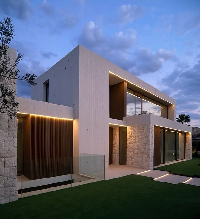 Modern minimalist house with white and brick facade, illuminated exterior, large windows, and manicured lawn at dusk